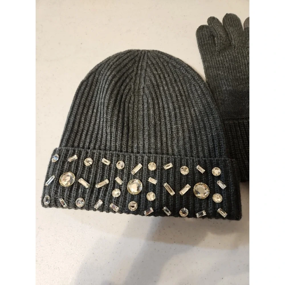 KATE SPADE Beanie‎ and Glove Gems Charcoal GREY New Without Box (A968)